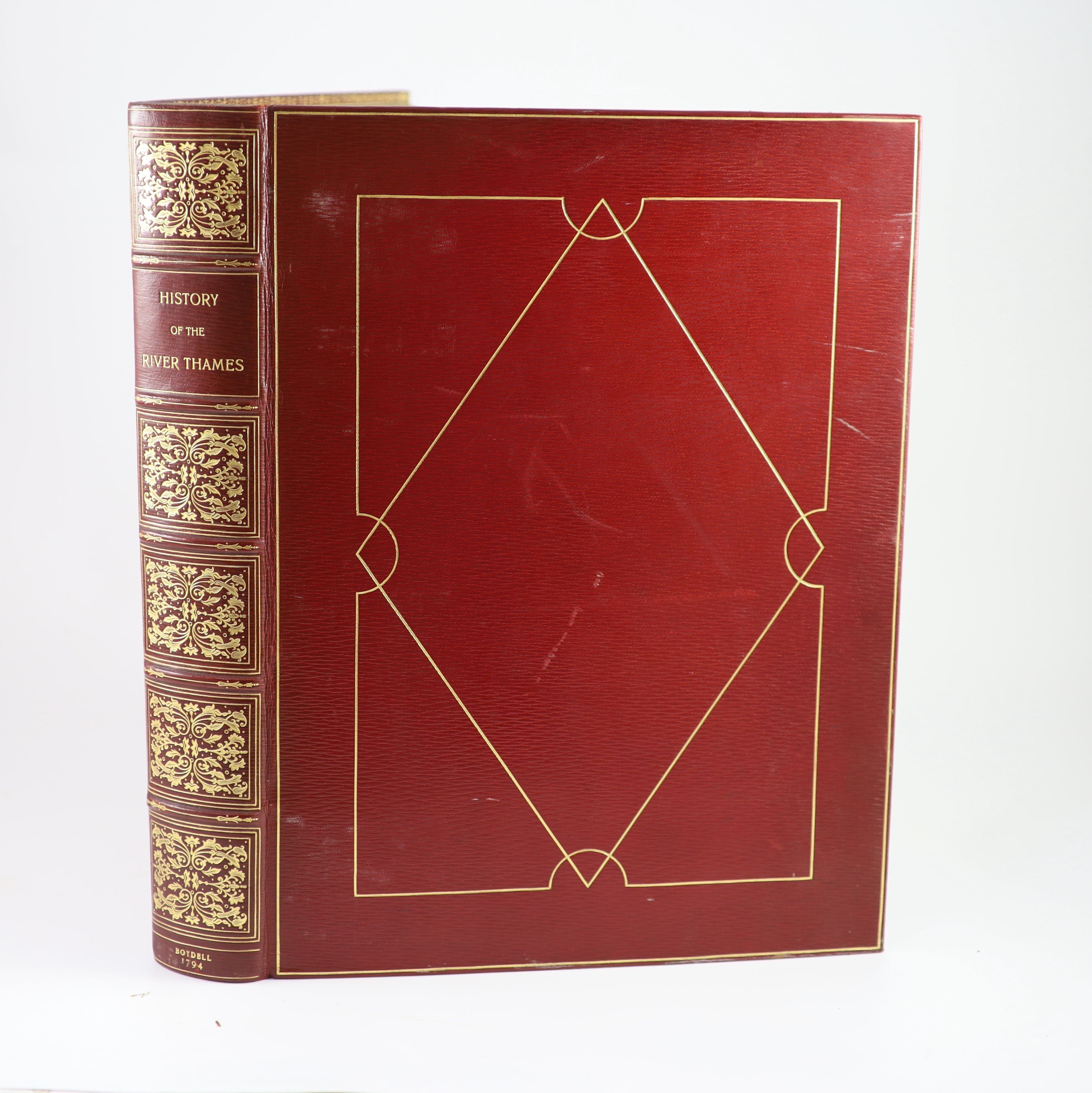 Boydell, James - Boydell, Josiah - An History of the River Thames, first edition, folio, 2 vols in 1, later red morocco gilt, illustrated by J. Farrington, with frontis, 76 hand-coloured aquatint plates and folding map,